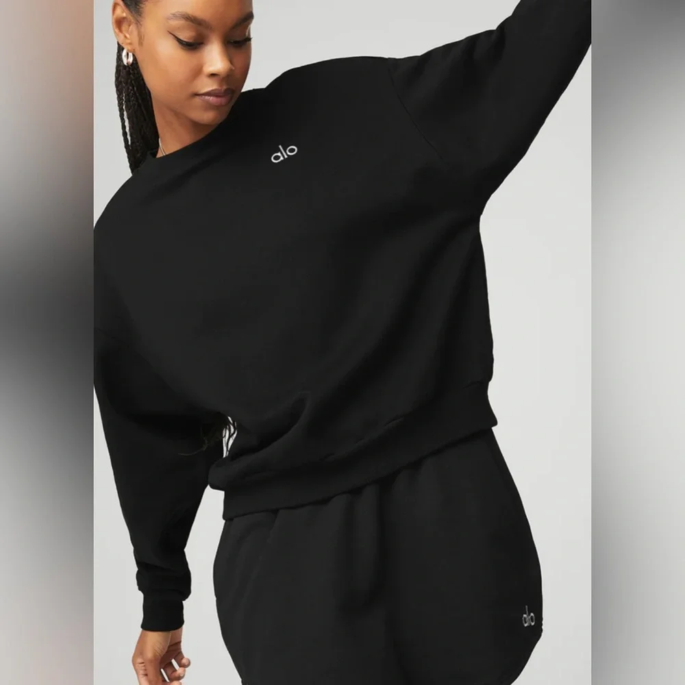 Alo Yoga NWT Accolade Crew Neck Pullover Black Size L Oversized